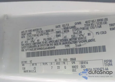 2013 Ford E-250 Commercial z USA, uszkodzony, nr VIN 1FTNE2EW6DDA46849